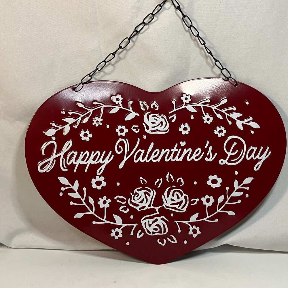 Heart Sign Embossed Metal Valentine's Day Decor Hanger Red & White 9”x13”
